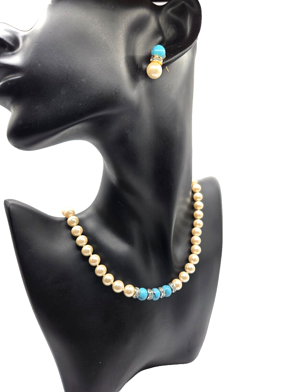 Vintage Pearl and Howlite with Rhinestones Necklace and Pierced earring Set