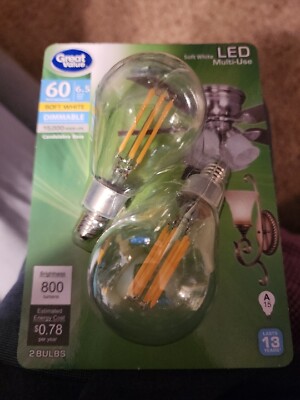 Great Value LED Multi-Use A15 Bulbs, 6.5W, Soft White, E12, 2/Pack New NiP 