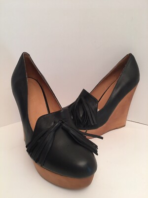 Madison Harding Roscoe Black Leather Platform Wedges Size 7.5M *NEW