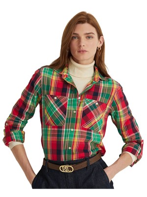 

Женский красный топ на пуговицах RALPH LAUREN с отложным воротником в клетку и рукавами-рукавами