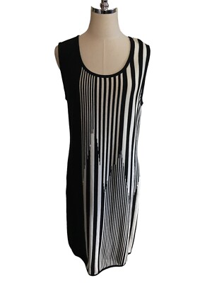 Carmen Marc Valvo Size Large Dress Black White Stripe Midi Womens Sleeveless NEW