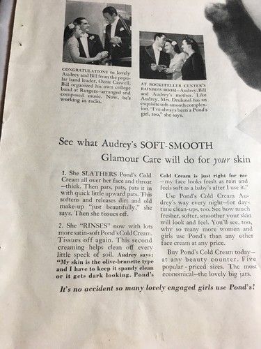 1942 Ponds Cold Cream Audrey Druhmel Photo Vintage Print Ad Retro Bath Decor C1
