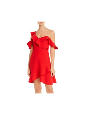 

BCBG MAXAZRIA Женское красное короткое вечернее платье с асимметричным вырезом и расклешенным платьем, Красный