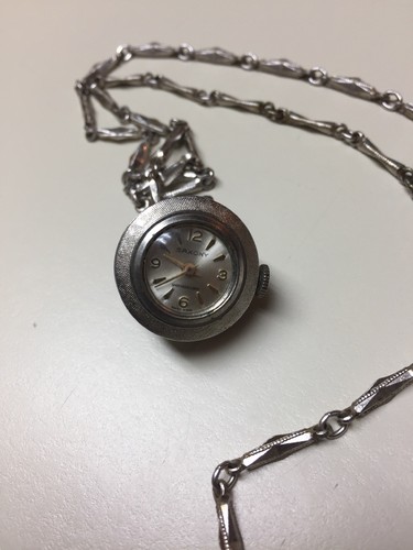 Vintage-Saxony Wind Up Necklace Pendant Watch-silver Tone-Swiss Works-24” Chain