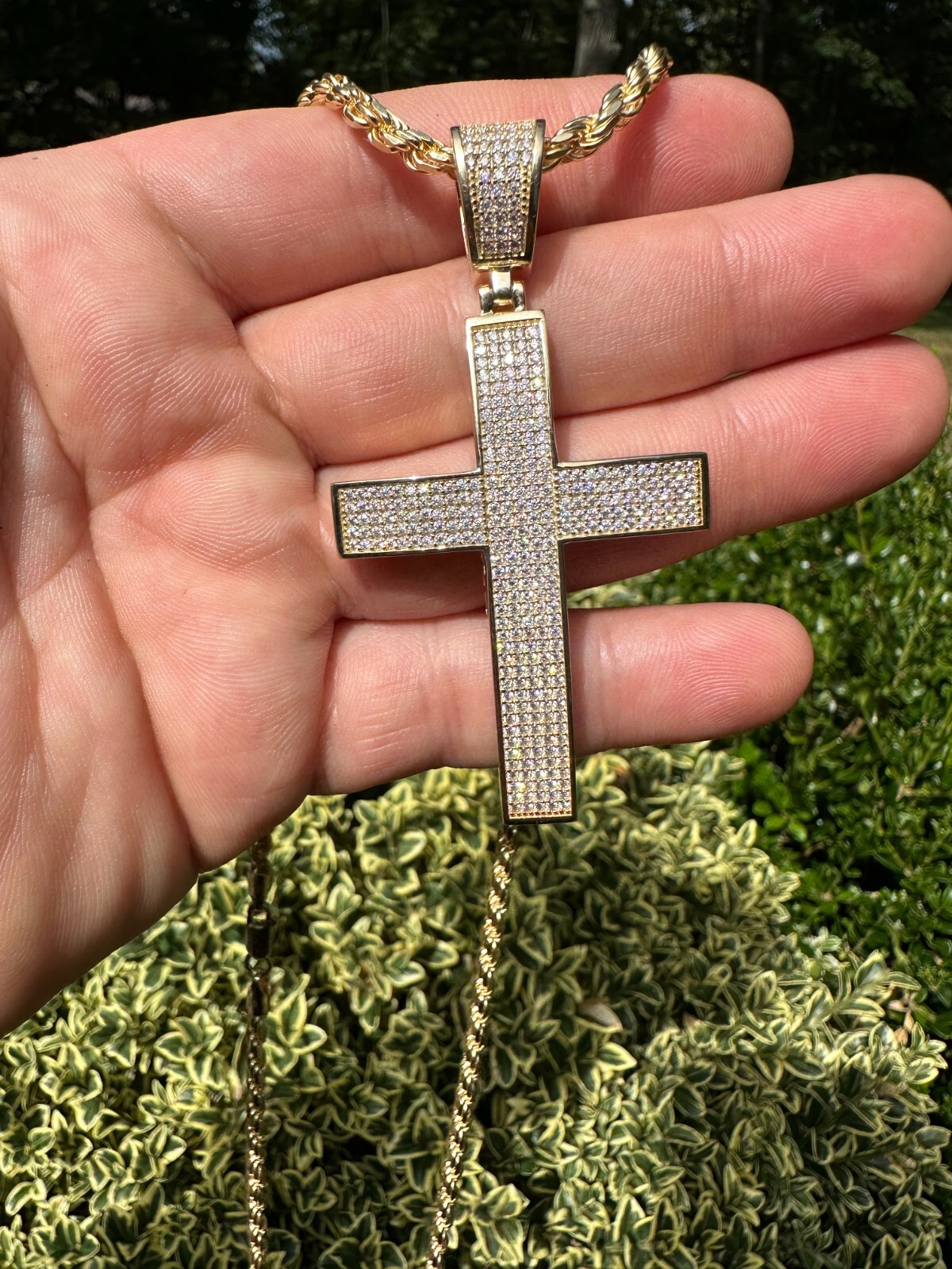 Pre-owned Hip Hop Solid 10k Yellow Gold 3ct Vvs Moissanite Cross Pendant Necklace 19g Mens Large In White