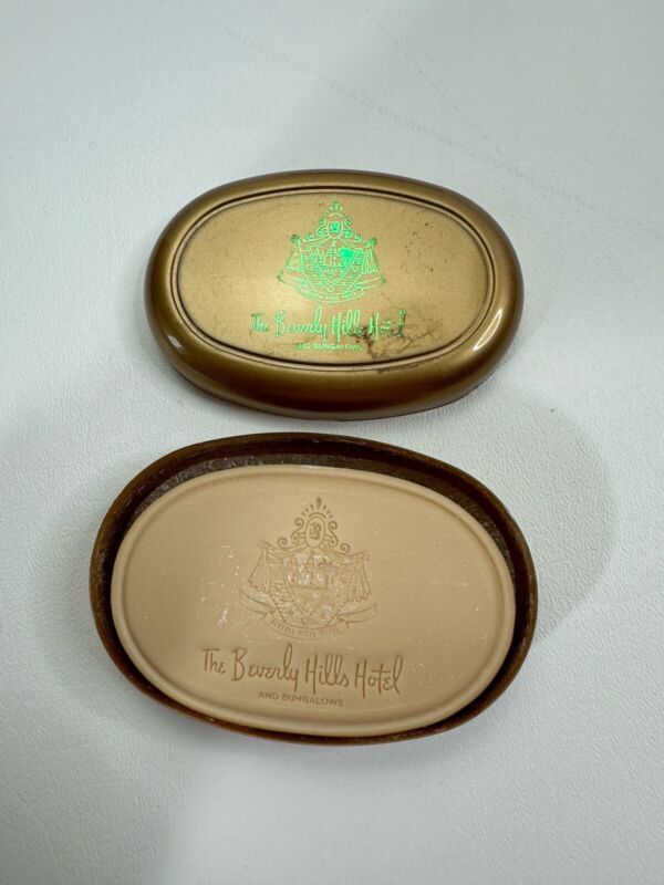 Vintage Beverly Hills Hotel and Bungalows Soap In Hard Round Gold Colored Case