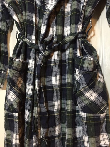 St. Johns Bay Mens Green Blue White Plaid Cotton Flannel Bath Robe Size One Size