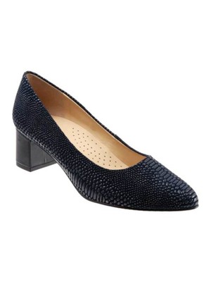 

Женские кожаные туфли без шнуровки TROTTERS Lizard Kari Almond на блочном каблуке 9,5 WW, Navy, T1856-410