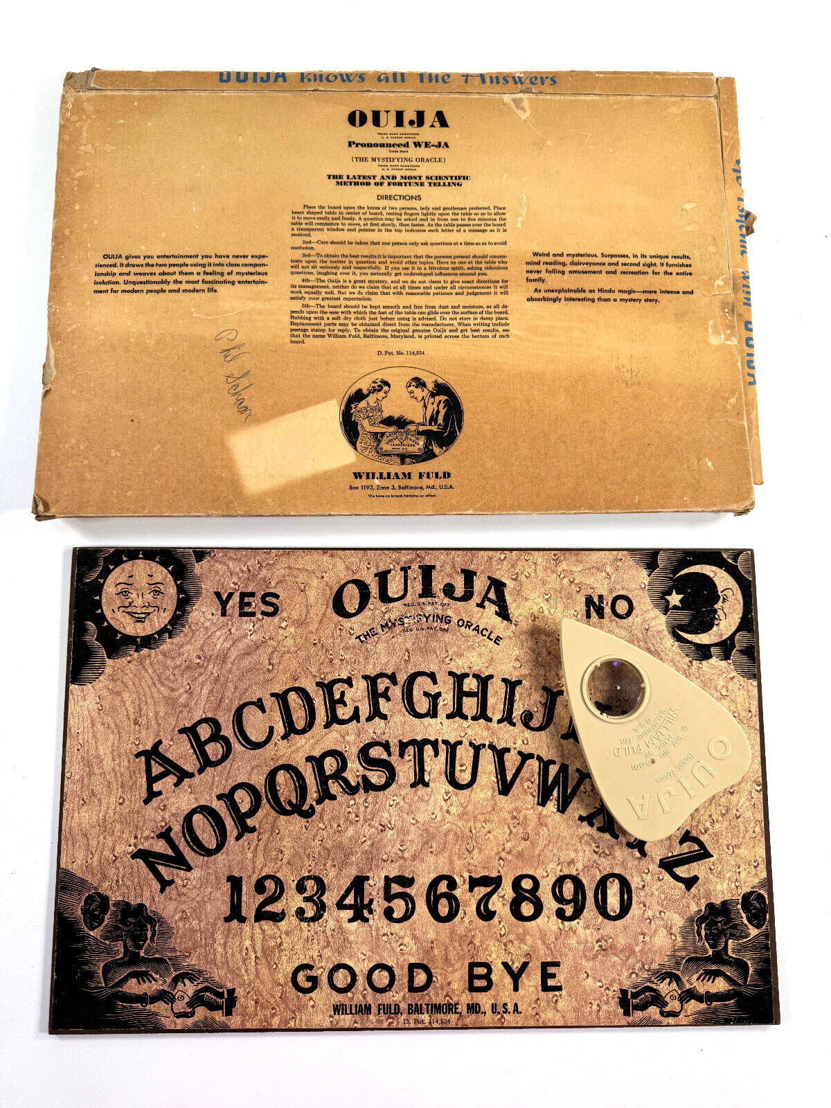 vtg 1950s William Fuld Ouija Board w/ Planchette & Original
