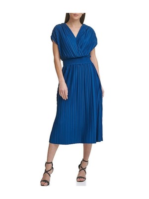 

DKNY Женское синее вечернее платье миди трикотажного типа с короткими рукавами и завышенной талией, Синий