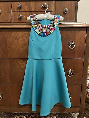 GB GIRLS SLEEVELESS DRESS Teal with colorful beads at neckline Sz 8 preowned