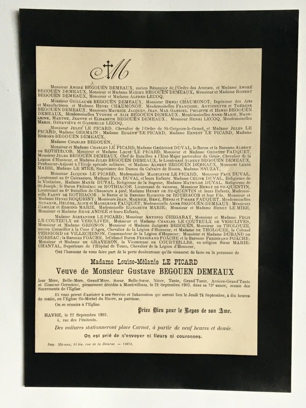 Begouen Demeaux Le Picard Tholouze Faire Part Foache Le Mire Germain Havre 1903