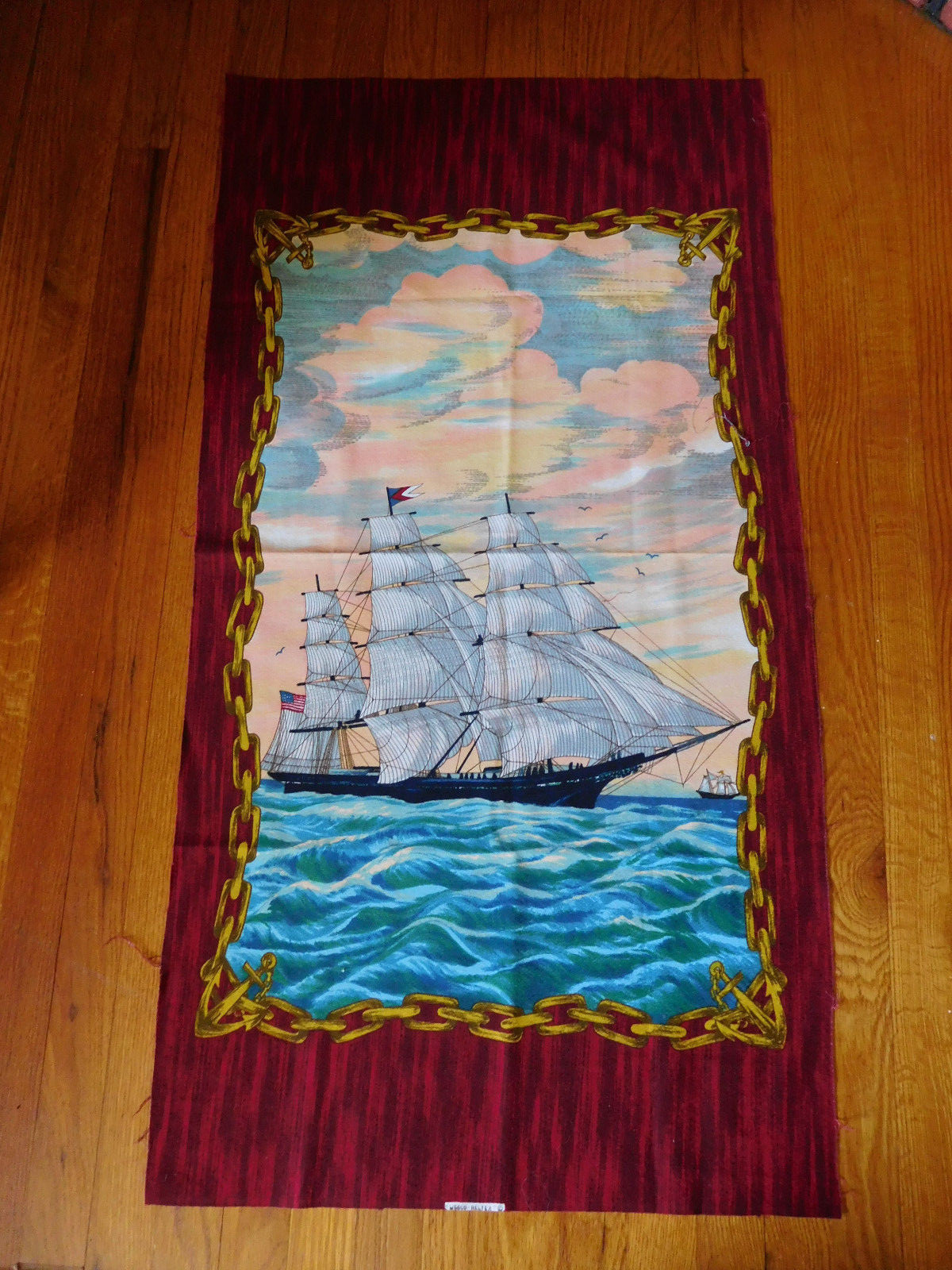 Vintage Wesco Reltex Fabric Panel Nautical American Flag Sailing Ship 44