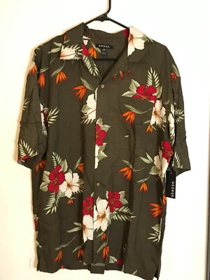 L Men's GEORGE Dark Olive Floral Rayon Hawaiian Shirt NEW WITH TAGS