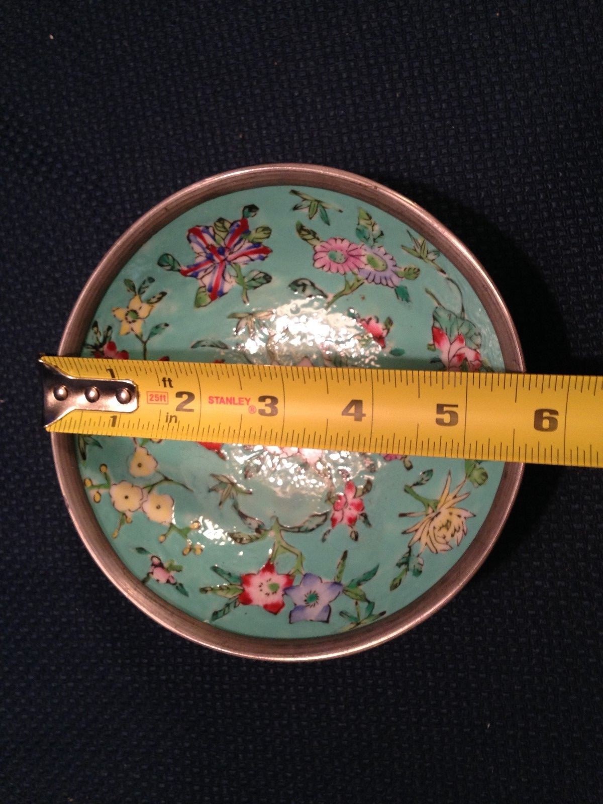 Vintage A.C.F. Japanese Porcelain Ware Pewter-Clad Turquoise Bowl Butterflies