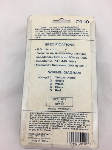 NOS Diesel Electronics #4-10 Premium Noise Canceling CB Mic