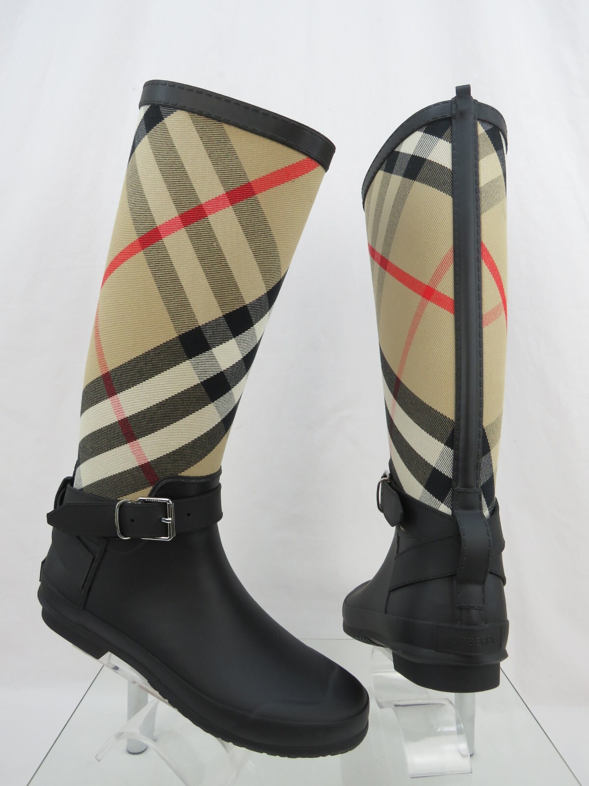Pre-owned Burberry Simeon Black Rubber Beige Check Logo Knee High Rain Boots Us 10 Eu 40