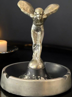 Vintage Rolls Royce Metal Ashtray Chrome Rare Flying Lady Spirit Of Ecstasy Rare