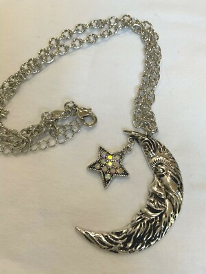 Kirks Folly Crescent Man in the Moon necklace     antique silvertone