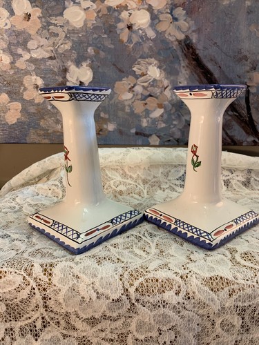 Tiffany & Company Hand Painted Porcelain Candlesticks w/ Blue, Green & Rust