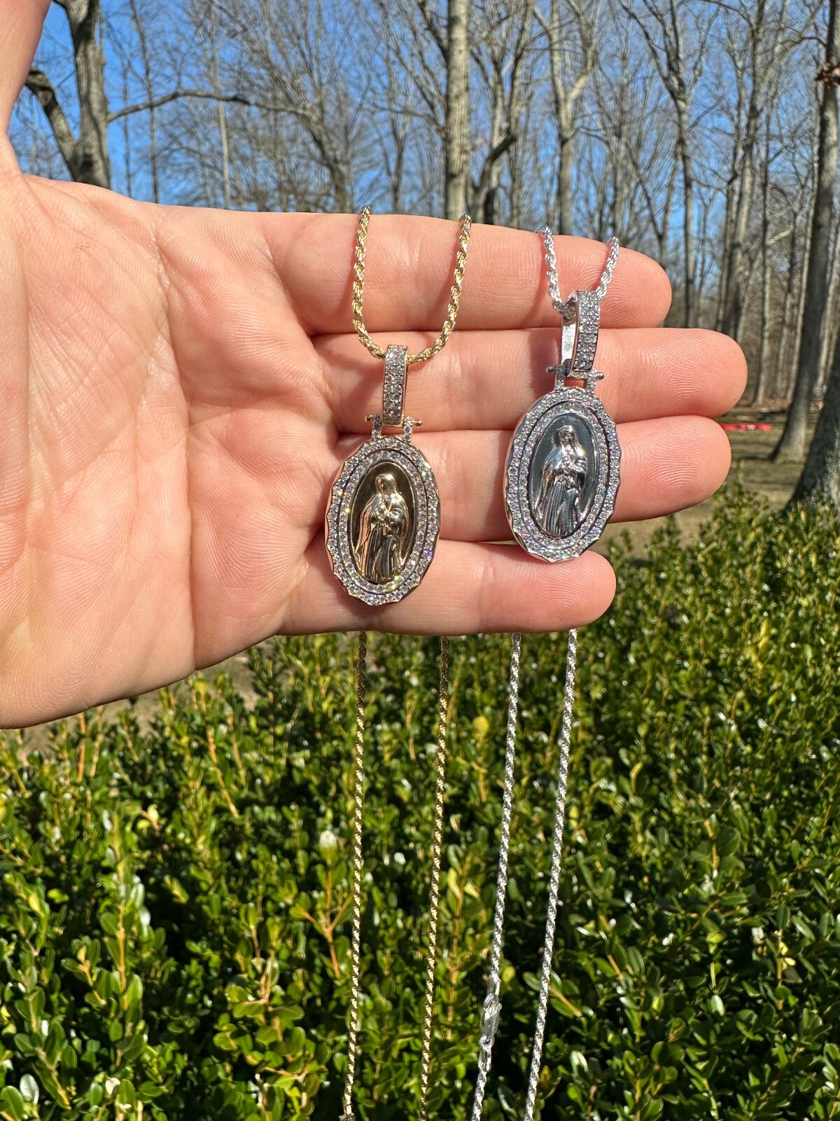 Pre-owned Harlembling 1.55ct Real Diamond Virgin Mary Pendant 925 Silver Necklace Medallion Pendant In White