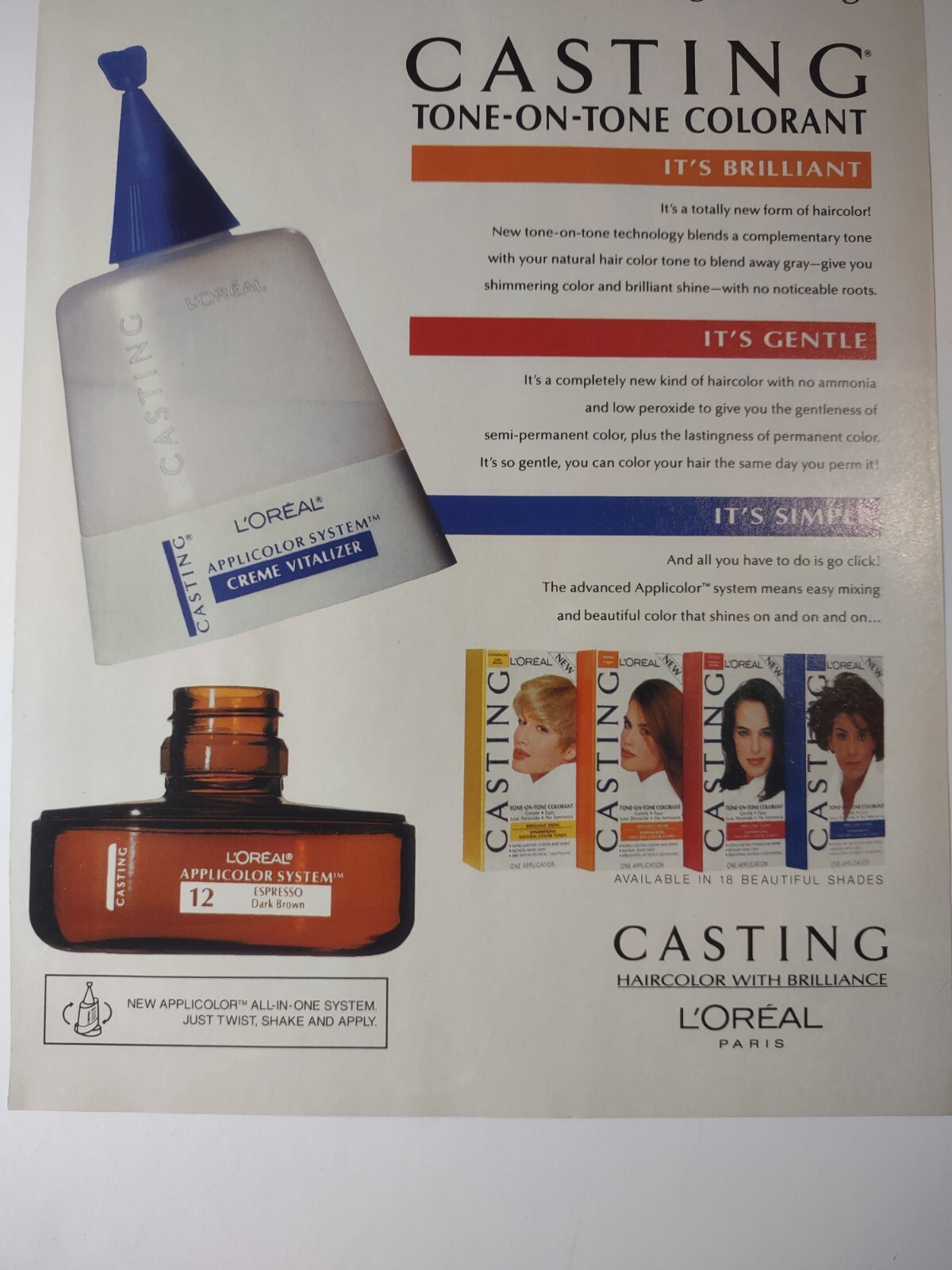 Vintage 1990s Print Ad Loreal Casting Tone on Tone Colorant Hair Color