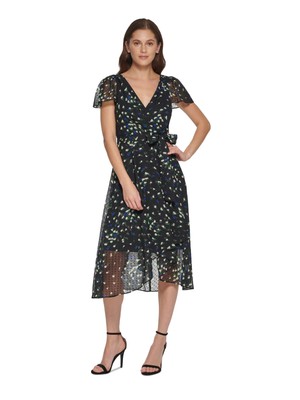 DKNY Womens Black Lined Self-tie Belt Flutter Sleeve Midi Faux Wrap Dress 8