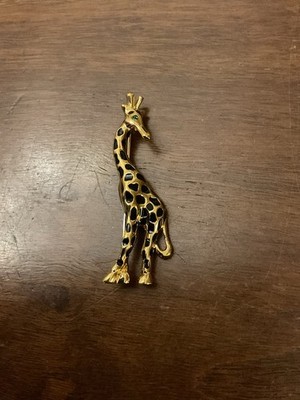 Vintage D’Orlan Giraffe Brooch Gold Tone With Enamel And Green Crystal 