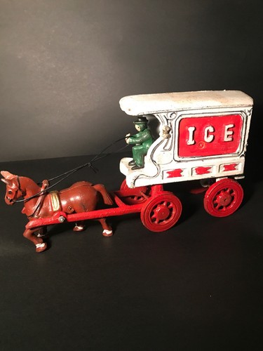 Cast Iron Horse Drawn Ice Wagon Carriage Cart w/ Horse & Man Toy Old Vtg Antique