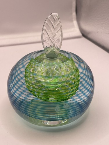 Hand Blown Perfume Bottle Apple Cobalt Blue & Green Stringers Signed Wilson ‘10