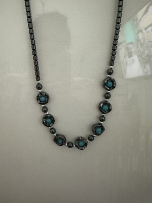 Hematite Necklace 18'' Long with Turquoise Beads