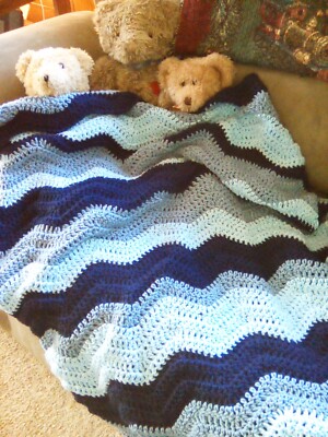 Hand crochet ripple baby blanket, blues, cozy ,soft, warm, keepsake