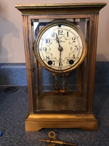 Seth Thomas Clock Glass Pendulum Mantle Brass Vintage Great Design Key Floral