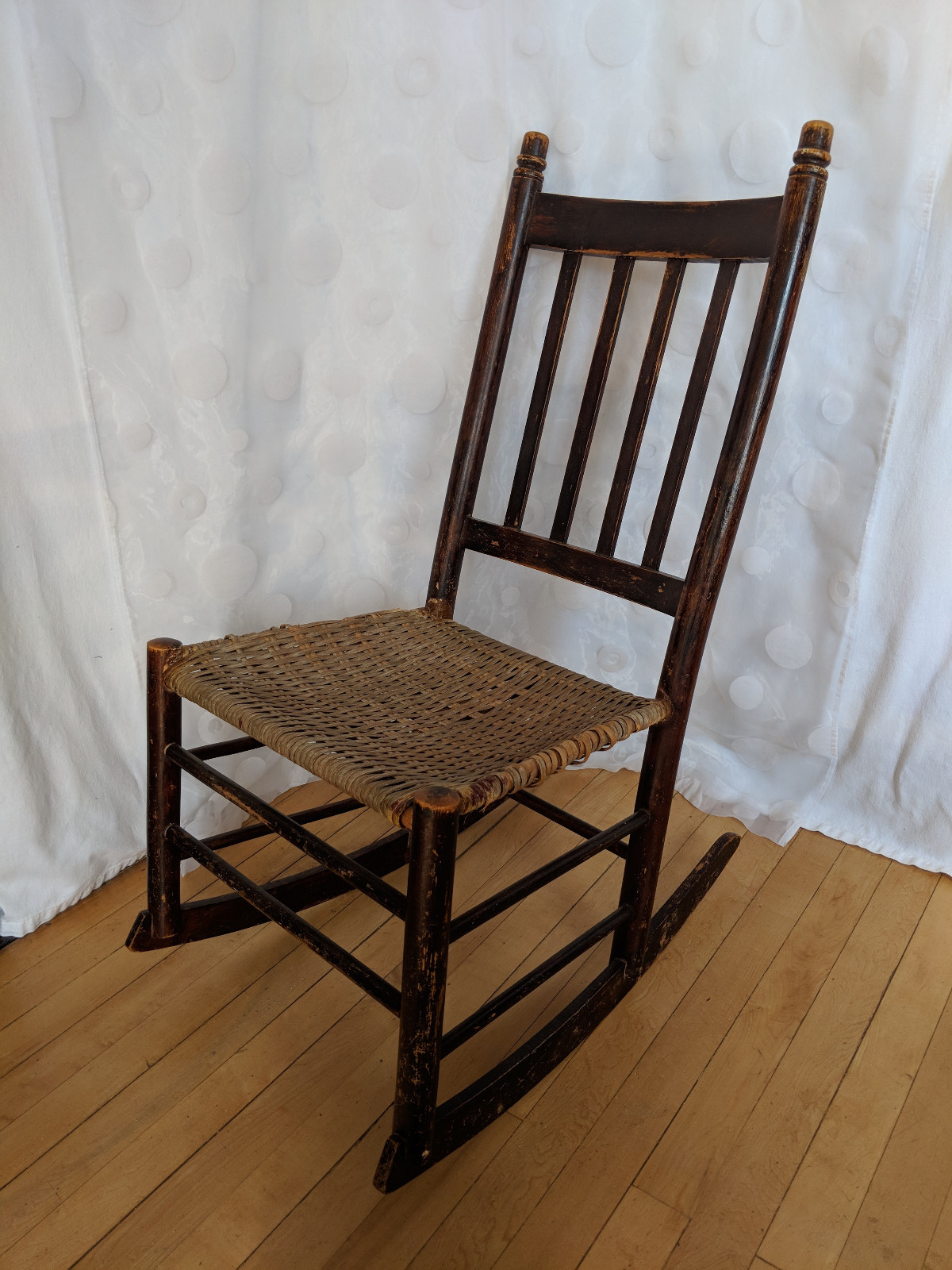 Antique Primitive Wood Sewing Nursing Rocking Chair Woven Wicker Seat Late 1800s