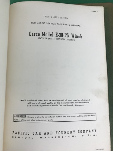 Vintage 1960s CARCO Winch E-30-PS  Tractor Service & Parts Manual, Paccar