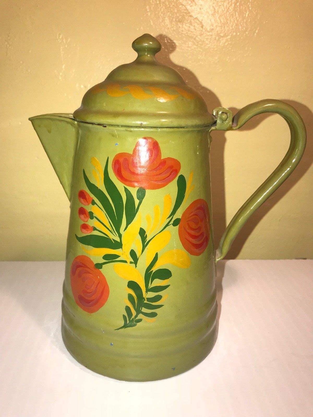 Antique Vintage Painted Toleware Metal Coffee Pot Penn Dutch Country Folk Art