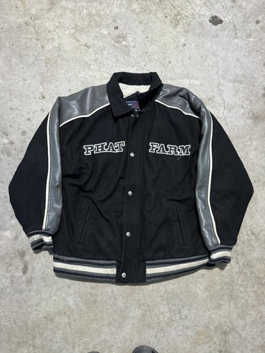 ジャケット・アウター rare Vintage Varsity Jacket Oversized Vintage Y2K Rare Phat Farm Black Leather Wool Varsity Jacket Size