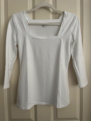 Boston Proper Women s Sz S Solid White Tunic Top Cotton Blend 3/4 Sleeves NWOT