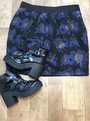 Clements Ribeiro Black Blue Metallic Floral Print Mini Skirt Large NWT A20