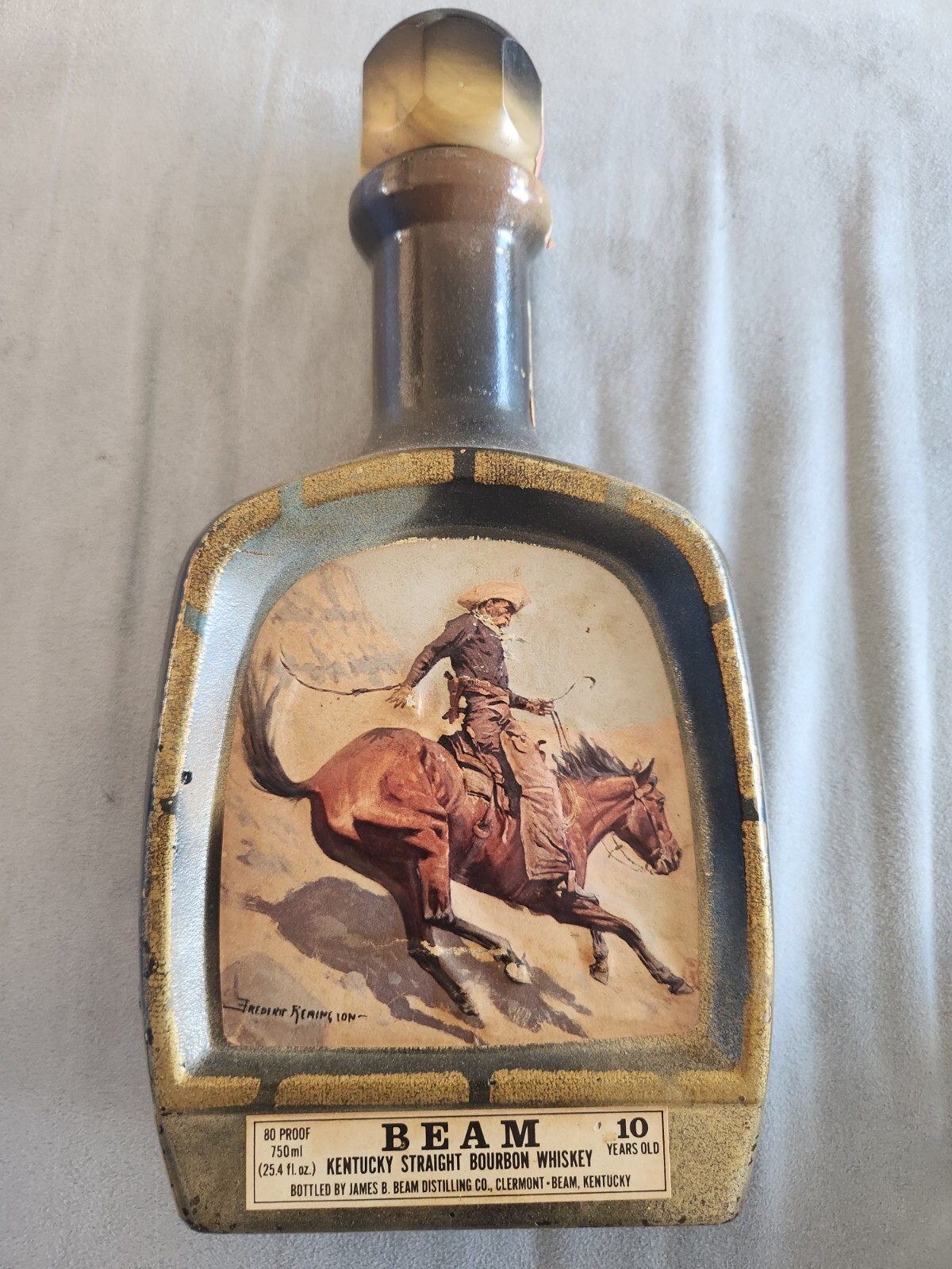 70s Bourbon Jim Beam Bottle Cowboy on Horse Frederic Remington Vintage Empty