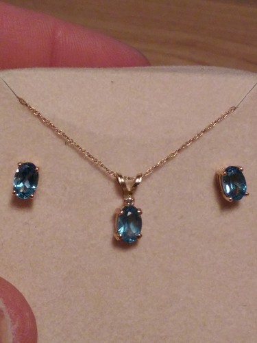 14K GOLD BLUE STONE NECKLACE+PENDANT AND EARRINGS SET