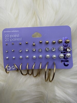 Claire s Gold Tone Sensitive Solutions Earrings 19 Pairs Hoops & Studs MSP $24