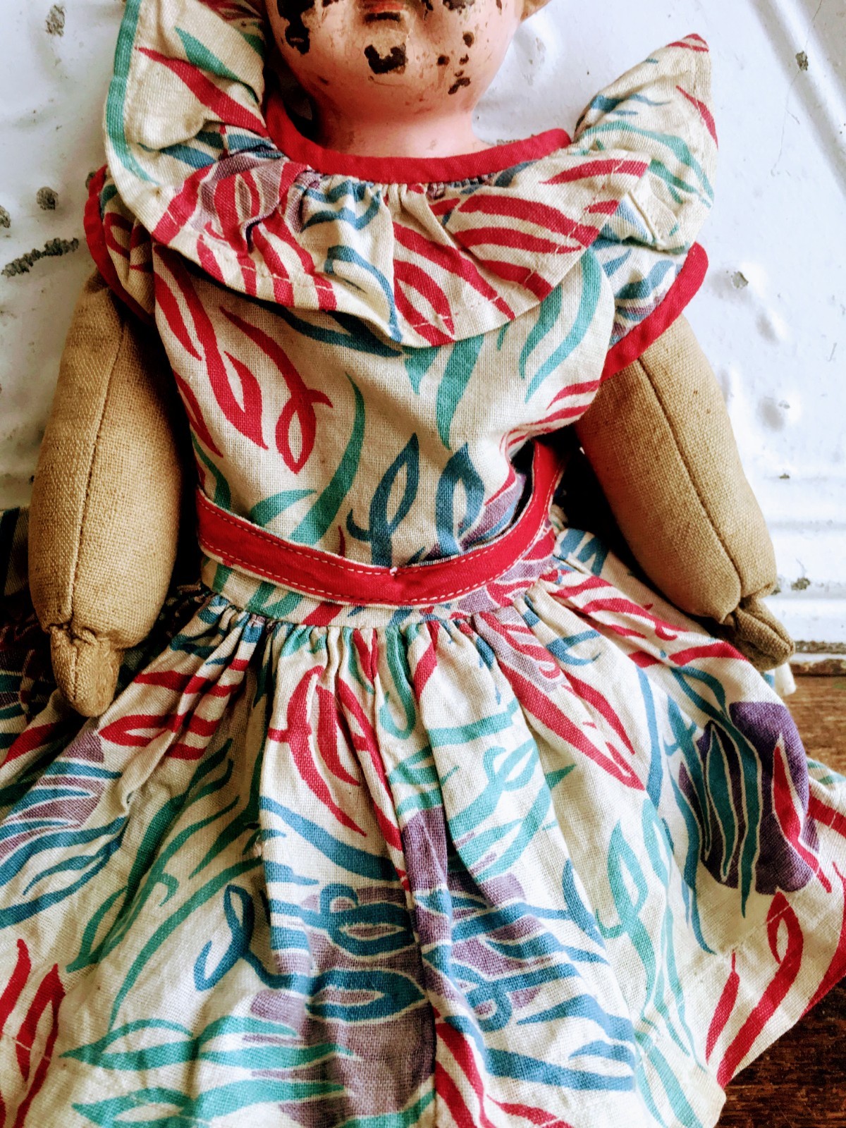 Antique Tin Minerva Doll Germany Feed Sack Dress Cloth Body 15.5