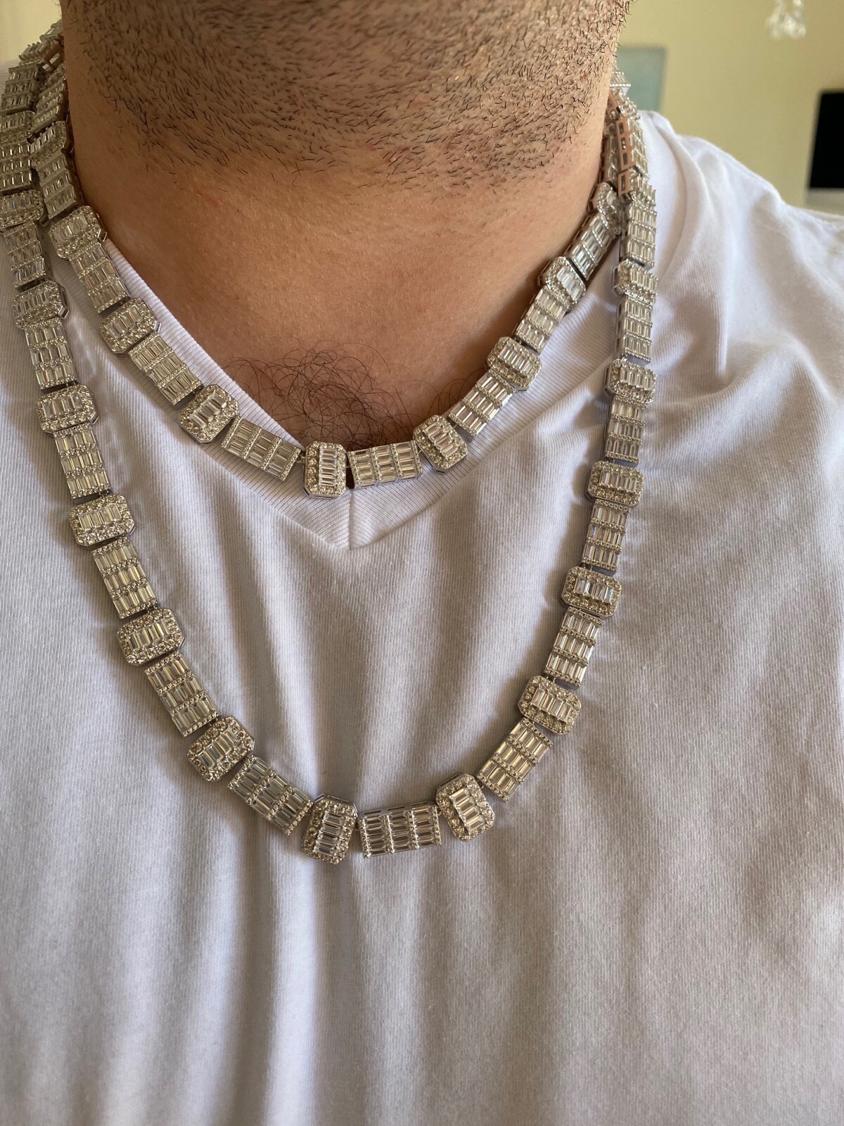 Pre-owned Silver Real 925 Sterling  Baguette Link Chain Cz 13mm Men's Necklace Bust Down