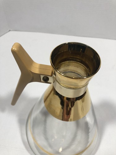 VTG MCM Glass Coffee Pot Carafe 22 Ct. Gold Striped Atomic Age Cork Stopper