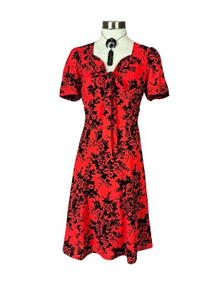 VOODOO VIXEN RETRO PIN UP 50s BRITANNY FLOCKED CHIFFON RED ROSE DRESS DRA8091