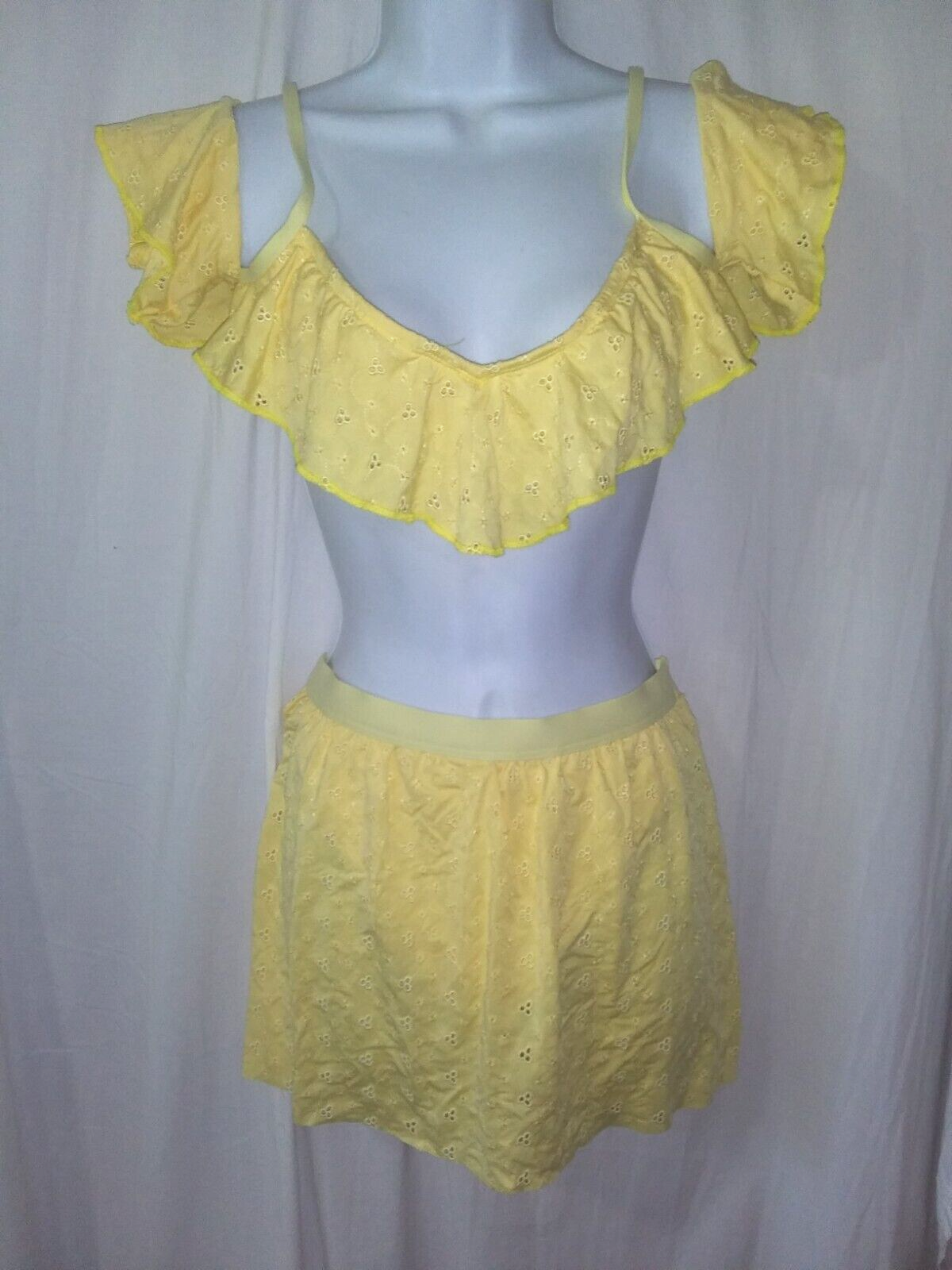 Anthropologie Dippin Daisys~M~Yellow Eyelet Ruffled Sleeve Bikini w/Skirt~NWT~LM