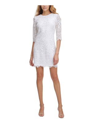 KENSIE DRESSES Womens White Eyelash Trim Lined 3/4 Sleeve Short Sheath Dress 10