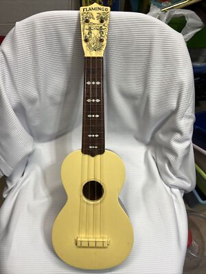 Flamingo hula girl, Palm trees, ocean ukulele vintage