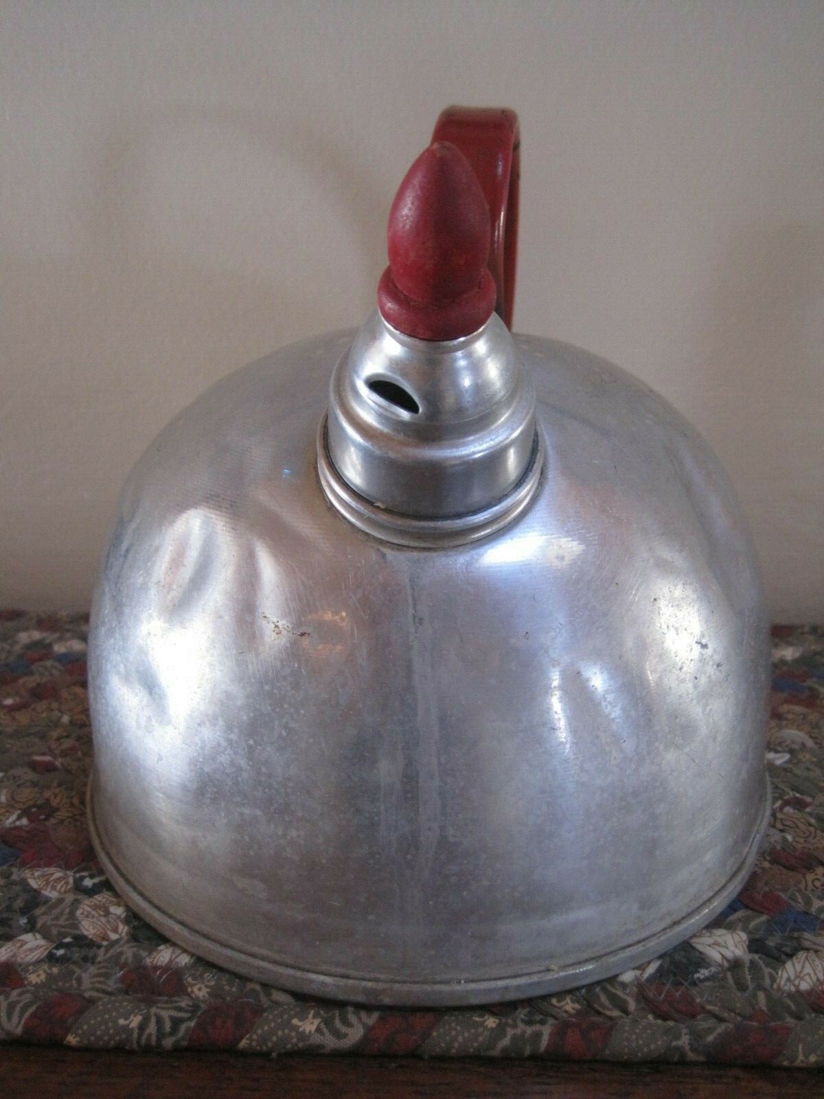 Vintage ALCOA Pure Aluminum ROUND Whistling TEA KETTLE Pot RED HANDLE
